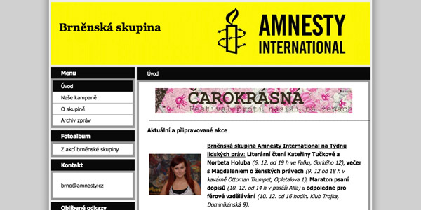 Webová stránka Brněnské skupiny Amnesty International. Foto: © Amensty International Brno