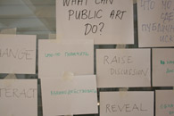 „WHAT CAN PUBLIC ART DO?“
Фотогалерея документирует картографию понятий и подходов, выявленных во время воркшопа в Вильнюсе, в ходе которого участники ответили на данные вопросы, связанные с понятиями публичной сферы и роли паблик арта: что такое публичность? Публичность должна (быть)…Как создается публичность? Что может паблик арт?