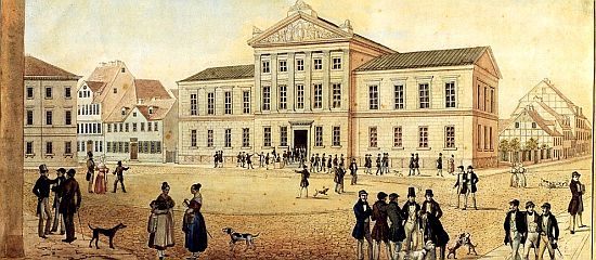 Friedrich Besemann (1796–1854): Die neue Aula der Universität Göttingen; Federzeichnung, aquarelliert; um 1837; 28,7 x 42,1 cm