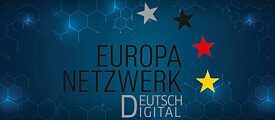 Logo des Europanetzwerk Deutsch Digital auf blauem Hintergrund