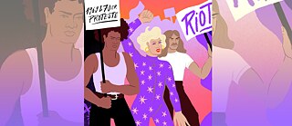 Illustration of protests, three people are shown in protest pose and with signs © Illustration © Rosa Kammermeier Stonewall Riots 