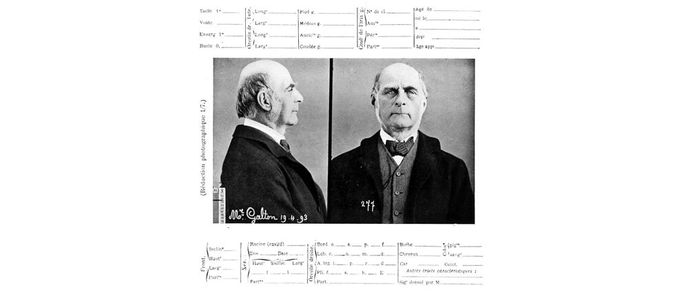 Hasil foto dan pencatatan ala Bertillon terhadap Francis Galton (usia 73). Data ini dibuat dalam kunjungan Galton ke laboratorium Bertillon pada tahun 1893.