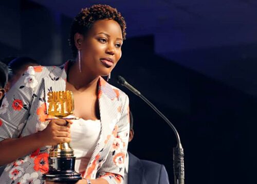 Esther Mndeme receives the Best Female Director award, at the Tanzanian Sinema Zetu Film Festival (SZFF), for the television series, Safari Yangu in 2019.