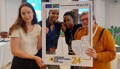 Trainers of the Acting for the camera workshop, at this year’s Zanzibar International Film Festival (ZIFF), take a memory span. They are from left to right Salome Richard (Belgium), Seko Shamte and Lillian Sundqvist, (Tanzania) and Marie Vermeiren (Belgium).