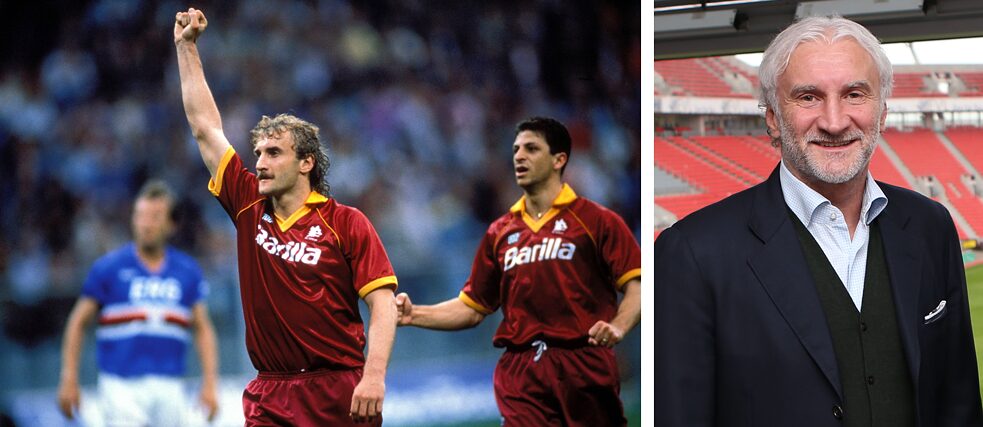 Rudi Völler, a sinistra durante una partita con l'AS Roma; a destra in una foto recente