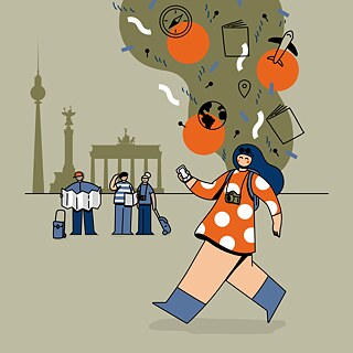 Eine Illustration von einer Frau die in Berlin läuft und E-Medien anhört