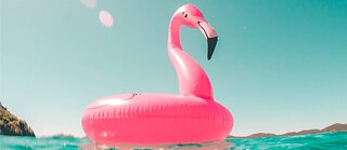 Ein Badespielzeug in Form eines Flamingos schwimmt im Meer