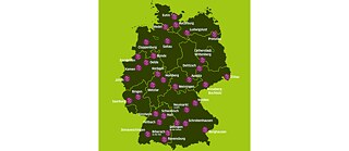 Graphic map of Germany with the locations of the info houses marked on it