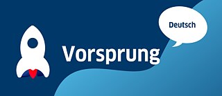 Text Vorsprungprogramm on a blue background with a rocket and speechbubble "Deutsch"