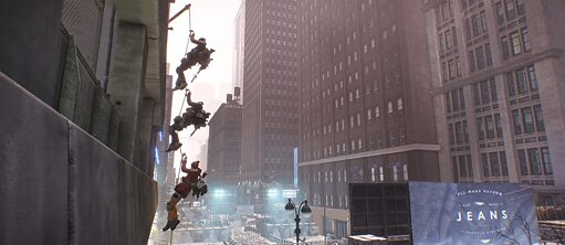 Three armed video game characters climbing down a rope outside of a building in a still from Operation Jane Walk.