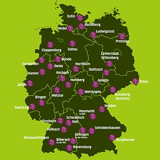 Graphic map of Germany with the locations of the information centres marked on it