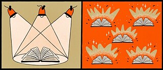 Illustration, auf der linken Seite ist ein aufgeschlagenes Buch vor beigem Hintergrund zu sehen, das von oben von drei Scheinwerfern angestrahlt wird. Auf der rechten Seite ist das gleiche Motiv kleiner und fünf Mal auf leuchtend orangem Hintergrund zu sehen.