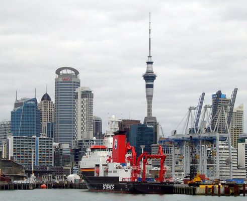 German research vessel, the RV Sonne, in Auckland harbour after a research voyage to the Kermadec trench region north of New Zealand in January 2017.