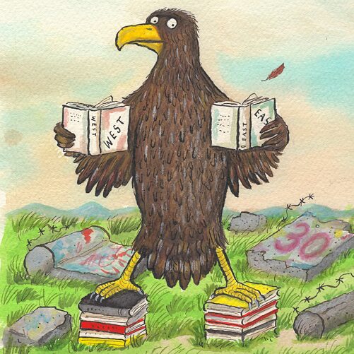Drawing: an eagle holding two books in its wings entitled West and East.