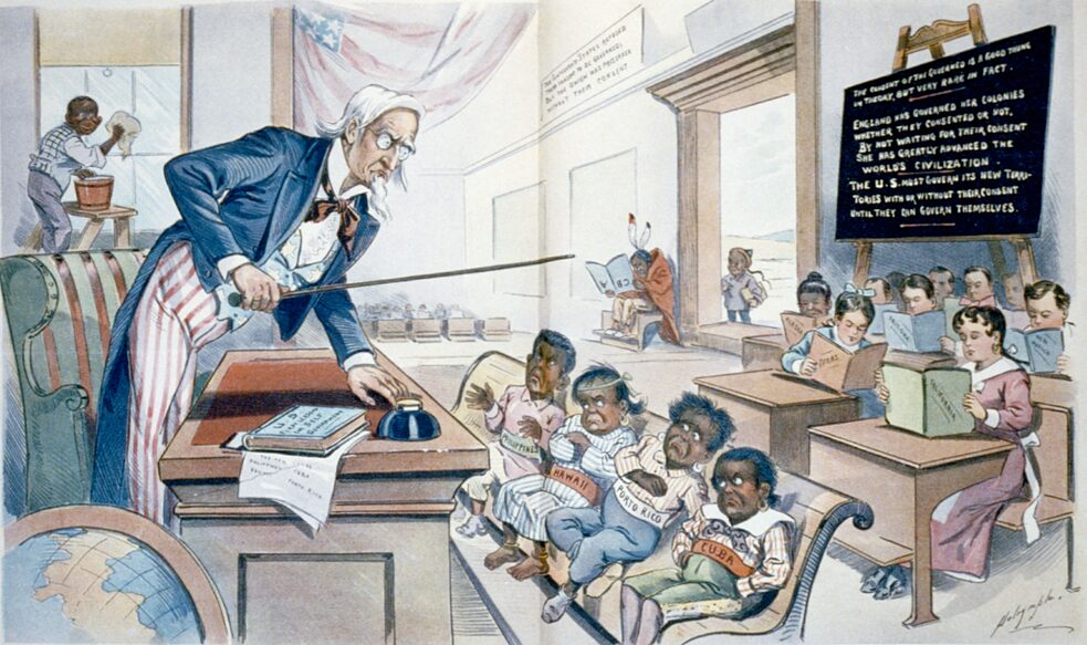 »<a href="https://commons.wikimedia.org/wiki/File:School_Begins_1-25-1899.JPG" target="_blank">School Begins</a>« by Louis Dalrymple. The image first appeared in Puck magazine on January 25, 1899. 