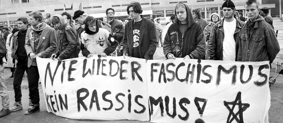 Racism was a problem in East Germany before and after the border opened: Young anti-fascists demonstrate against burgeoning right-wing extremism in Neubrandenburg in 1990. 