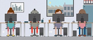 Illustration: Three people and a robot sitting side by side at tables with laptops.