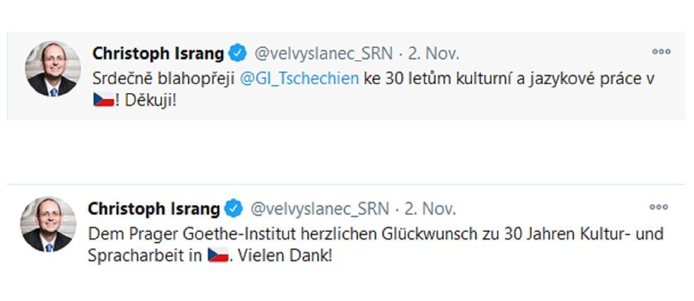 Tweety německého velvyslance v Praze dr. Christopha Isranga