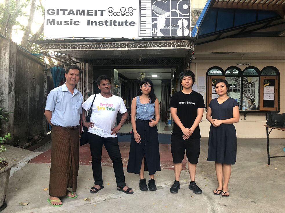 Pictured from left to right: Gitameit co-founder Htun Htun, Wok The Rock, Joee Mejias, our research assistant Wai-Yan, and Zoncy from Goethe Institut Myanmar.