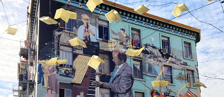 "Jazz Mural" von Bill "El Gallo" Weber, 606 Broadway N. Beach in San Francisco