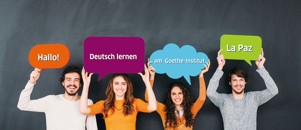 Eine Gruppe sehr fröhlicher junger Leute lädt Sie ein, Deutsch zu lernen