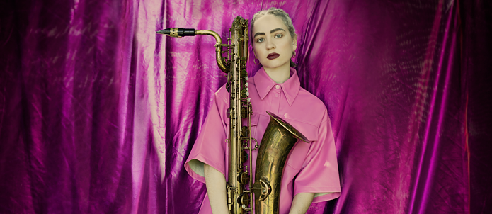 Kira Linn with her baritone saxophone. Linn released her third album Illusion with her sextet, Linntett, in 2023.