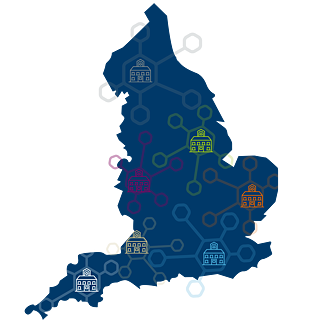 Eine Karte des Vereinigten Königreichs mit einem Netzwerk von Schulen als Overlay