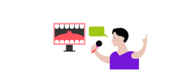 Illustration: Bildschirm, der gleichzeitig ein geöffneter Mund ist, daneben eine Person mit Mikrofon in der Hand und Sprechblase