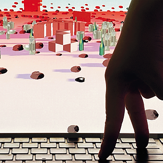 Eine Hand, die auf der Tastatur eines Computers tippt, während im Hintergrund eine abstrakte, digitale Landschaft mit roten und weißen Blöcken und grünen Säulen zu sehen ist.