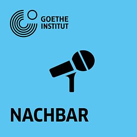 The cover is light blue. In the upper right half of the picture is the Goethe logo in black. In the middle is a drawing of a black microphone and below it, also in black capital letters, the word neighbour. 