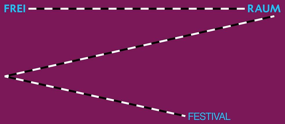 Die Worte Frei, Raum und Festival sind durch schwarz-weiße Zickzack-Linien verbunden. 