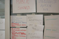 „PUBLIC SHOULD BE“
The photo gallery documents the mapping of definitions and approaches during the Vilnius workshop where workshop participants answered the following questions relating to notions of the public sphere and the role of public art: What is public? Public should (be)… How do you make public happen? What can public art do?