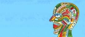 Illustration of a head made up of ideas written in different colours, e.g. solidarity.