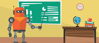 Ein Roboter „unterrichtet“ in einem Klassenzimmer, er zeigt mit einen Stock auf die Tafel, auf der ein Diagram gezeichnet ist, neben steht ein Tisch, auf dem Bücher und  ein Apfel liegen und ein Globus steht.