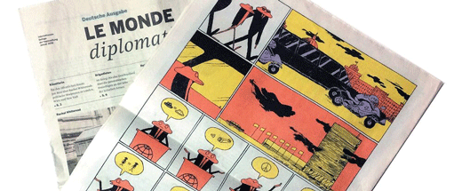 Le Monde diplomatique die Comic-Ausstellung „WEIßE HASEN, ARABISCHE COLA UND DIE LETZTE WANDERTAUBE: COMIC-GESCHICHTEN AUS DEUTSCHLAND".