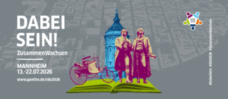 Promotional graphic for IDO 2026 in Mannheim featuring event dates, the slogan 'Dabei sein! ZusammenWachsen,' and colorful illustrations of Mannheim landmarks.