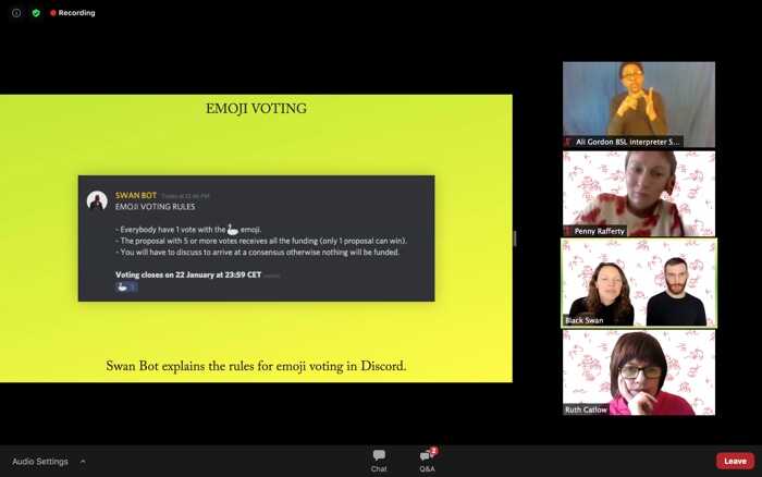 Screenshot der „Berlin: Black Swan DAO“ Online-Session, 28. Januar 2020