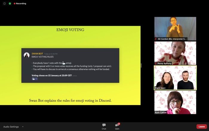 Screenshot from the “Berlin: Black Swan DAO” Zoom online session, 28 January 2020