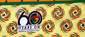 Latitude – Textil festivo ghanés con el logotipo y lema para el 60 aniversario de la independencia, Accra 2017.