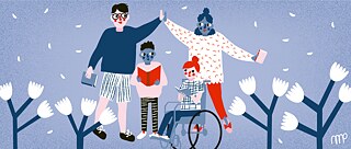 Vier Menschenfigure mit Büchern in den Händen. Blumen im Vordergrund. 