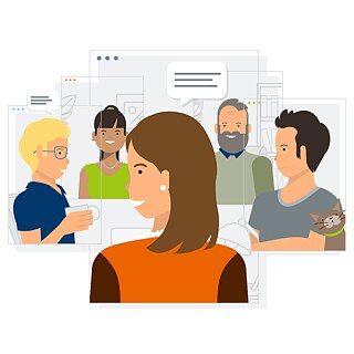 Illustration, die eine Gruppe von Menschen im Gespräch zeigt.