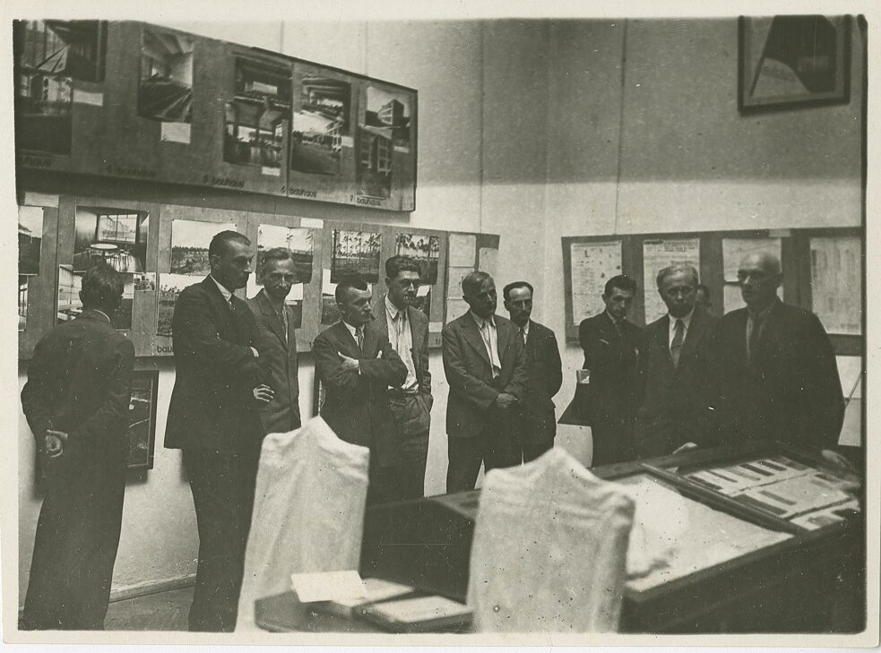 Opening of the exhibition “Bauhaus Dessau Hannes Meyer’s Tenure,” at the Museum of New Western Art, Moscow // 1931 From left to right: K. Halabyan, G. Golts, unknown, A. Burov, H. Meyer, unknown, V. Simbirtsev, V. Semenov, F. Petrov // 1928-1930