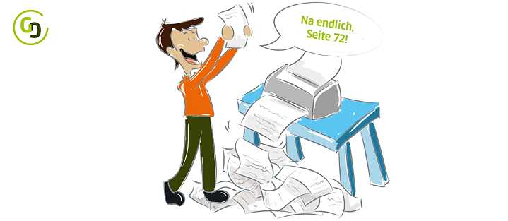 Ein Mann vor seinem Drucker in großem Papierberg