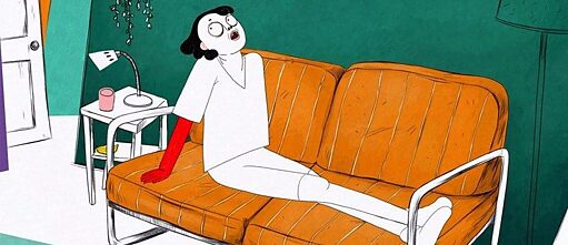 Animation: eine Person sitzt auf einem orangenen Sofa vor grüner Wand