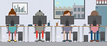 Illustration: Drei Personen und ein Roboter sitzen nebeneinander an Tischen mit Laptops.