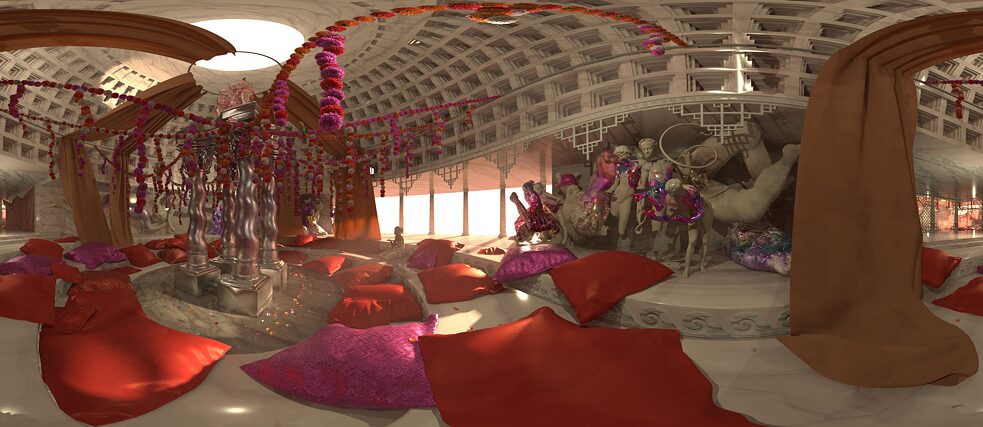 Ein virtueller Raum mit Säulen, der mit Blumen und vielen roten und pinken Kissen geschmückt ist.