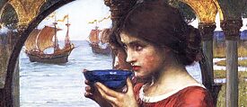 Eine junge Frau auf einem präraffaelitischen Gemälde, im Hintergrund Segelschiffe 