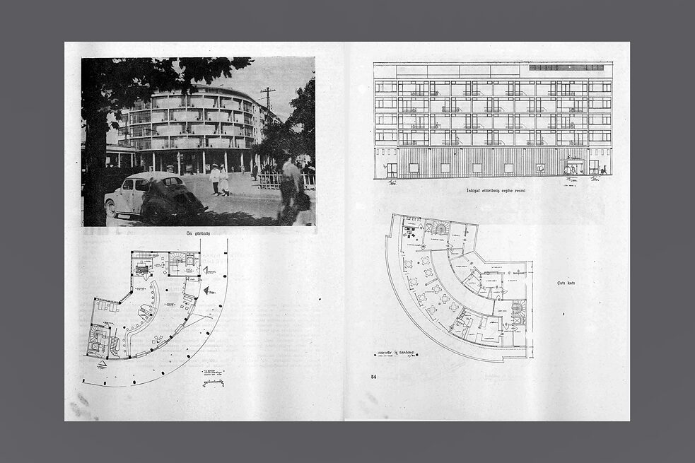 Im Anschluss an einen Wettbewerb realisierte Kadıköy Filiale der Türkischen İş Bankası 04 mit Dienstwohnungsgebäude, erster Wettbewerbspreis, 1957