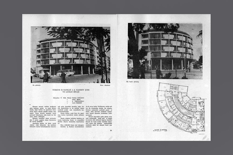 Im Anschluss an einen Wettbewerb realisierte Kadıköy Filiale der Türkischen İş Bankası 04 mit Dienstwohnungsgebäude, erster Wettbewerbspreis, 1957