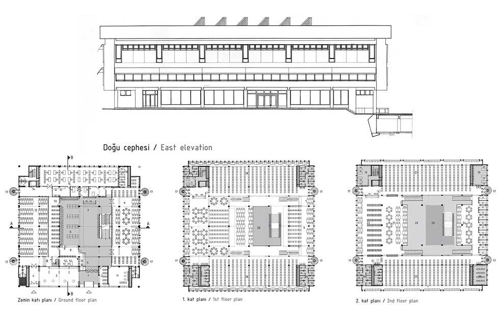 Allgemeine Bibliothek der Boğaziçi Universität in Istanbul, erster Wettbewerbspreis, 1974, Pläne und Zeichnungen
